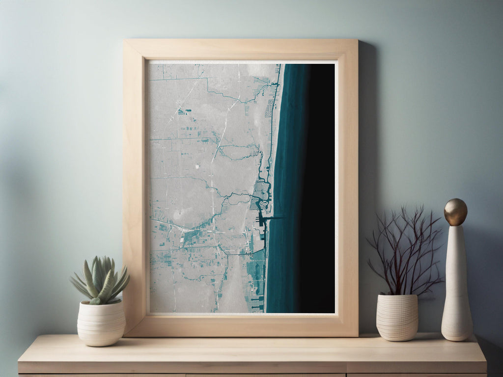Fort Lauderdale Florida Coastal Map Art Print Nautical Wall Decor Beach House Gift Yacht Ocean Depth Chart Housewarming Anniversary Framed