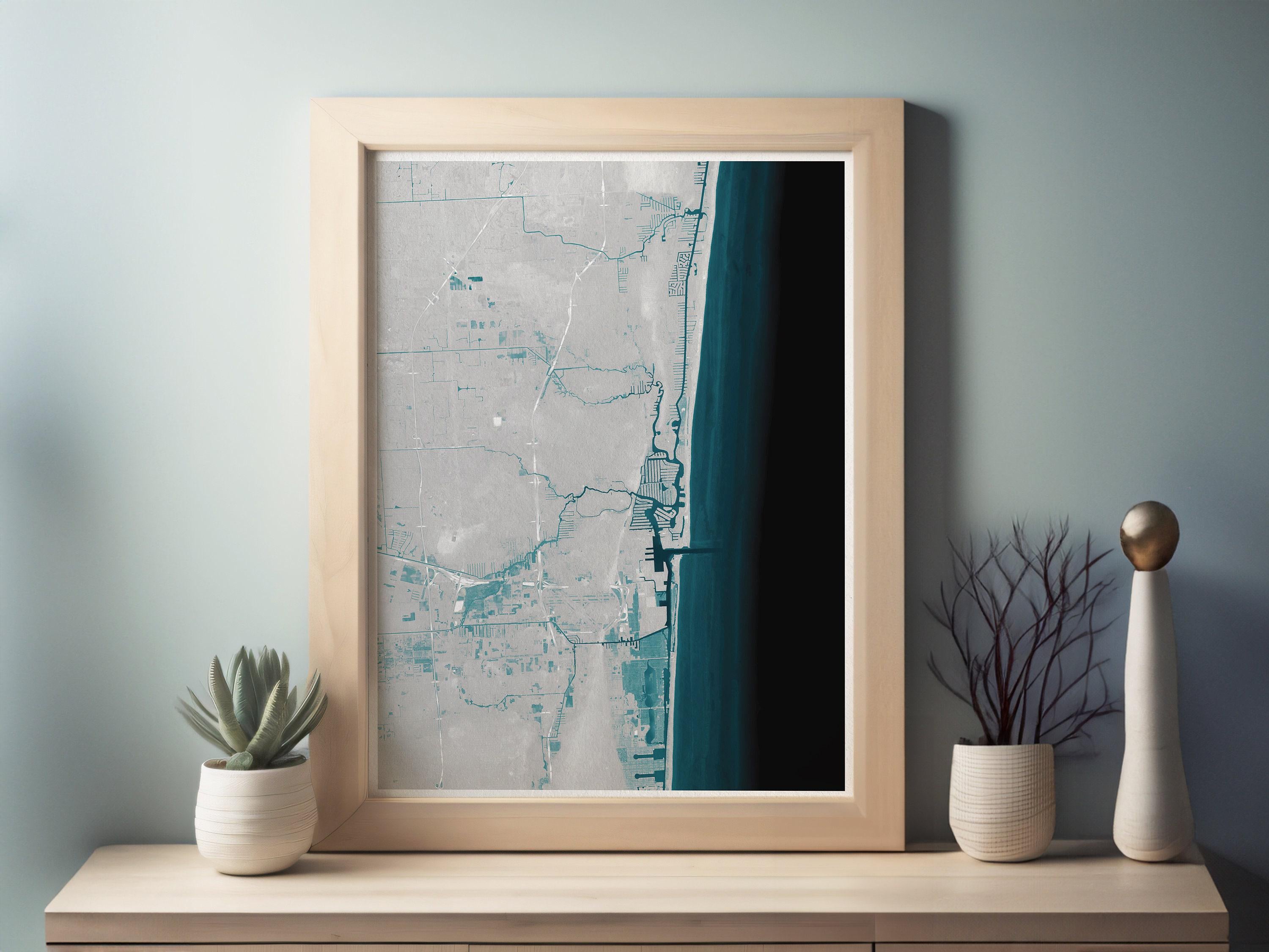 Fort Lauderdale Florida Coastal Map Art Print Nautical Wall Decor Beach House Gift Yacht Ocean Depth Chart Housewarming Anniversary Framed