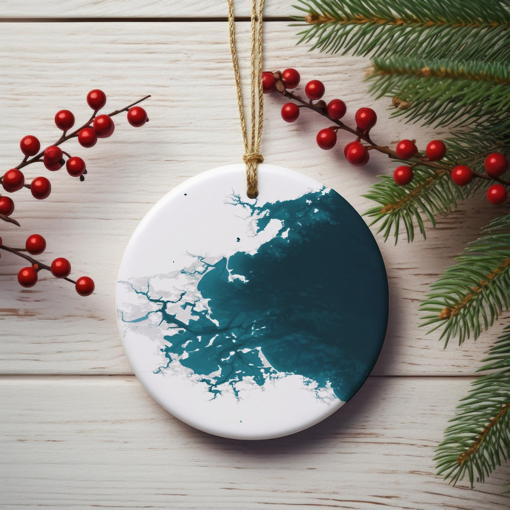 Massachusetts Bay Christmas Ornament Coastal Map Nautical Chart Ceramic Holiday Tree Decoration Beach House Housewarming Gift Ocean Depth