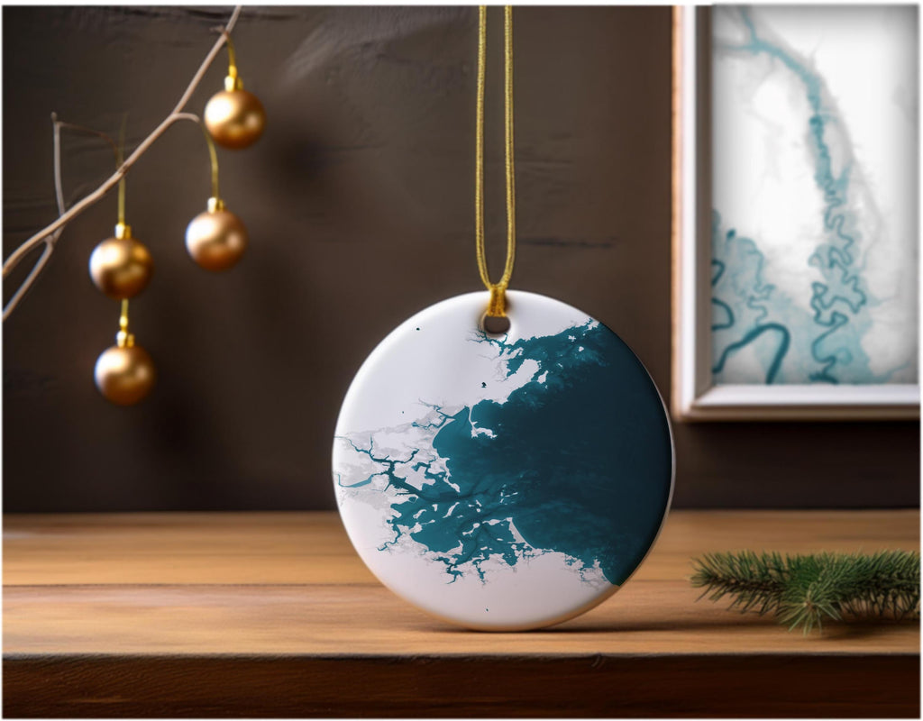 Massachusetts Bay Christmas Ornament Coastal Map Nautical Chart Ceramic Holiday Tree Decoration Beach House Housewarming Gift Ocean Depth