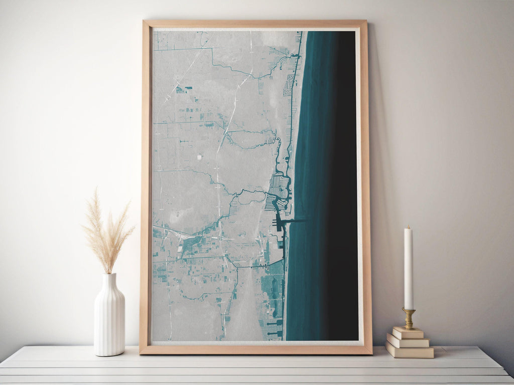 Fort Lauderdale Florida Coastal Map Art Print Nautical Wall Decor Beach House Gift Yacht Ocean Depth Chart Housewarming Anniversary Framed