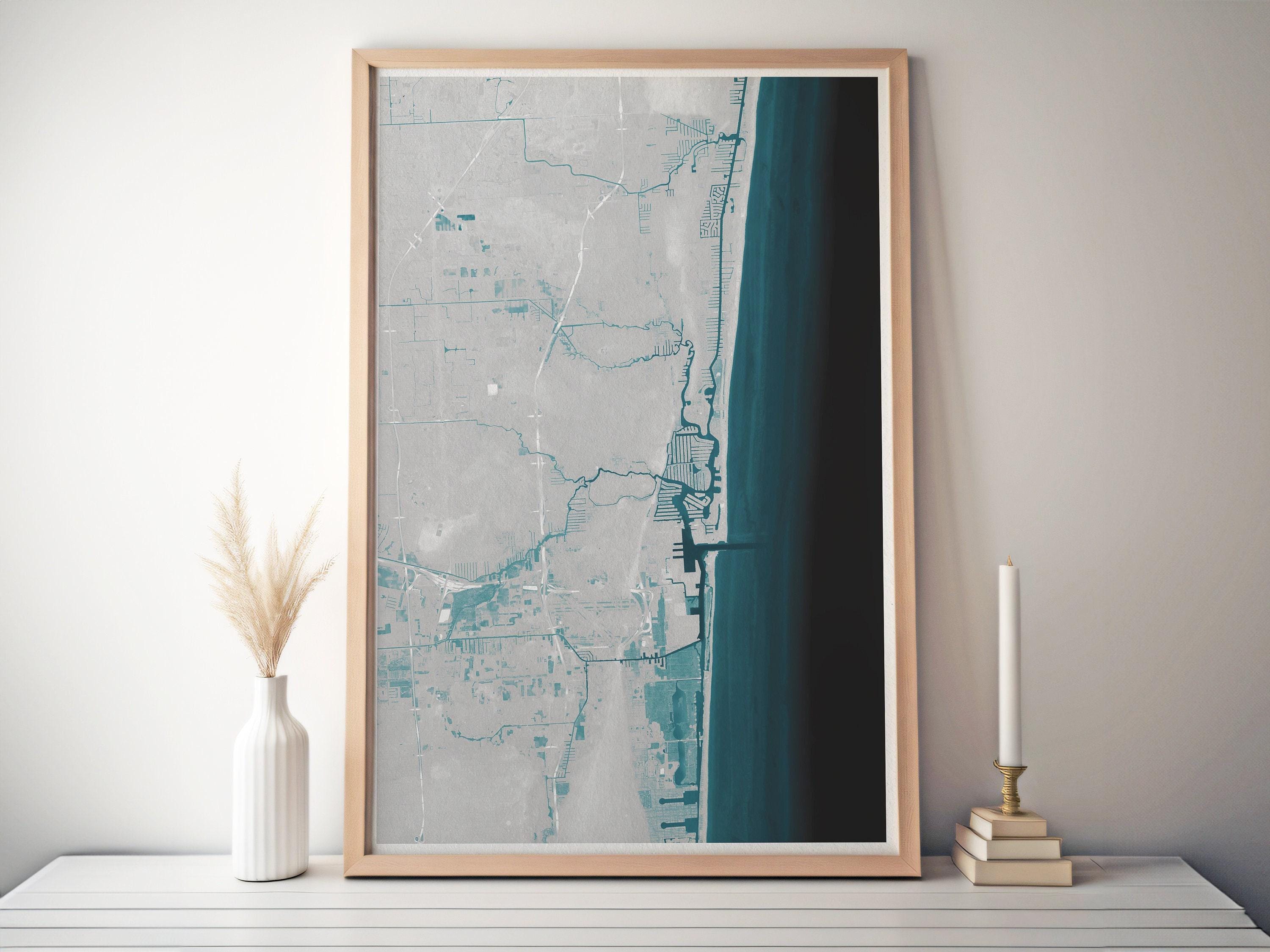 Fort Lauderdale Florida Coastal Map Art Print Nautical Wall Decor Beach House Gift Yacht Ocean Depth Chart Housewarming Anniversary Framed