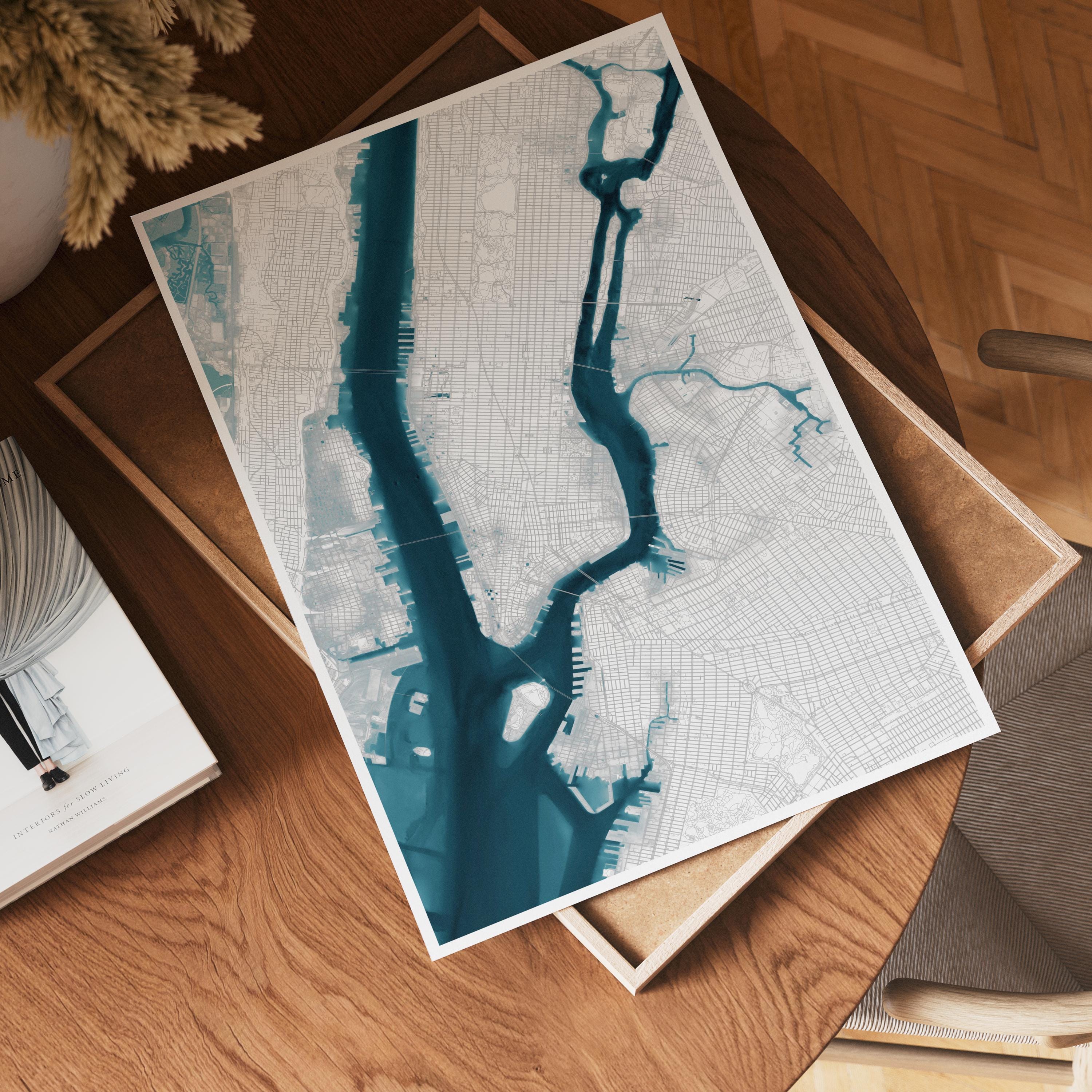 Manhattan New York Hudson Framed Decor River Print Gift City Wall Nyc Map Art Coastal Nautical Ocean Beach Depth Chart House Lover