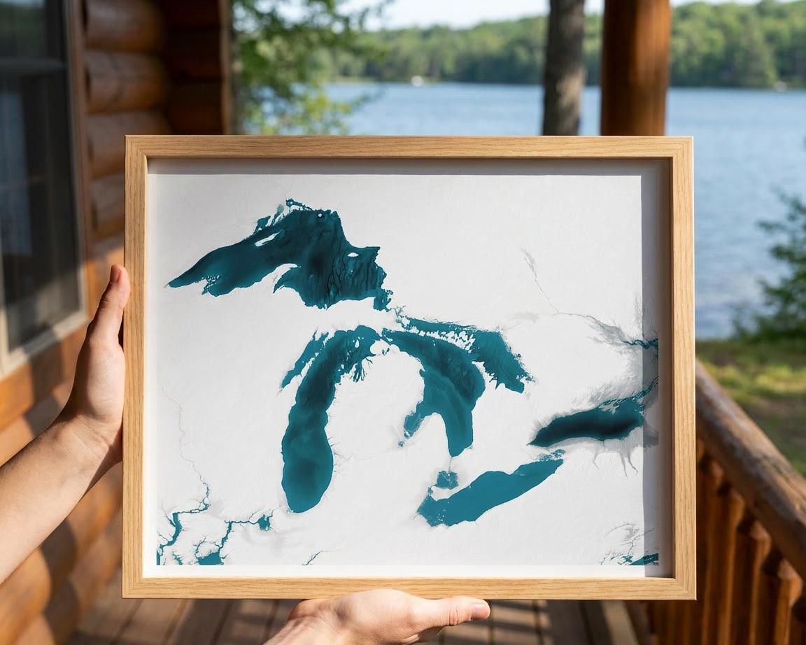 Great Lakes Coastal Michigan Nautical Superior Midwest Ontario Decor Huron Lakes Chart Great Print Gift Lake Map Art Ocean Beach Wall Depth