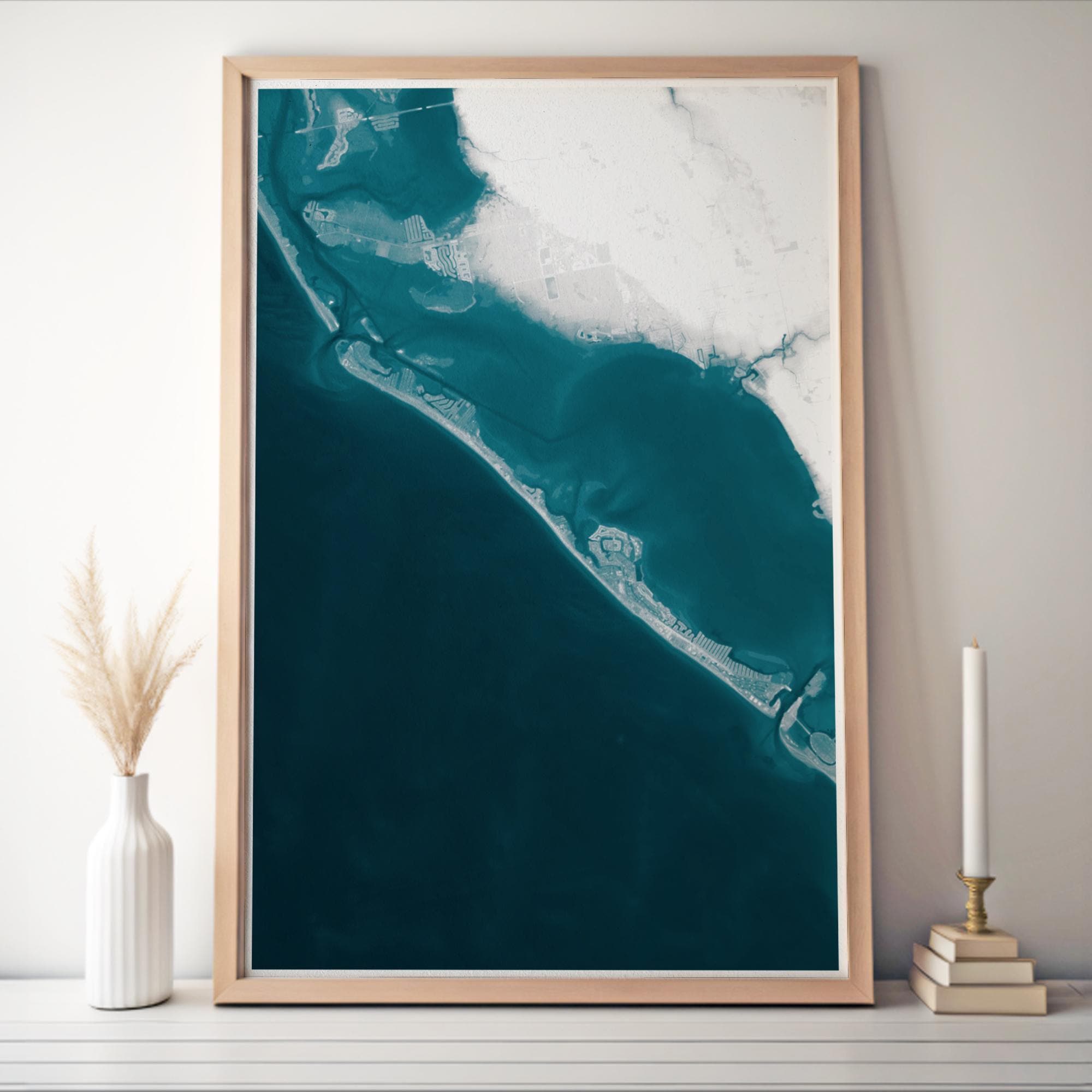 Longboat Key Florida Coastal Map Art Print Sarasota Gulf of Mexico Ocean Shoreline Nautical Bathymetric Wall Decor Beach House Gift Framed