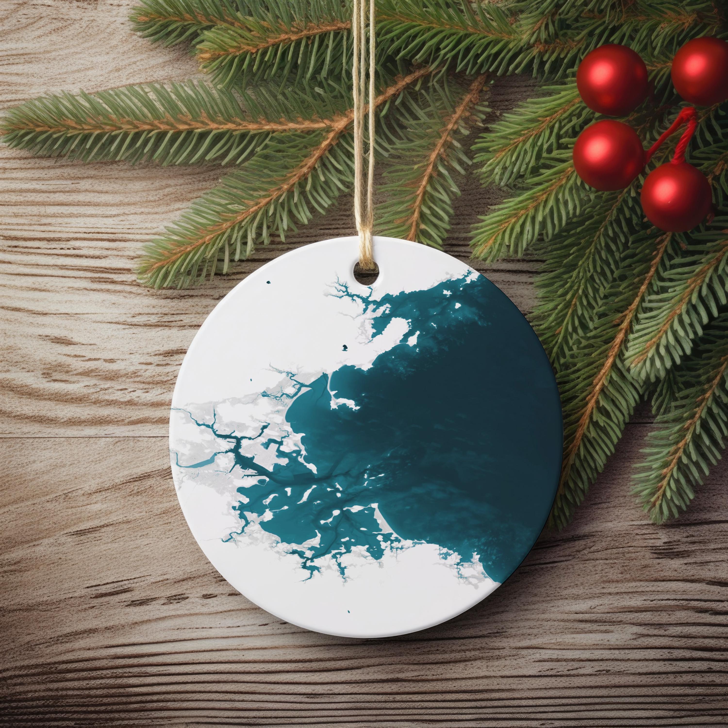Massachusetts Bay Christmas Ornament Coastal Map Nautical Chart Ceramic Holiday Tree Decoration Beach House Housewarming Gift Ocean Depth