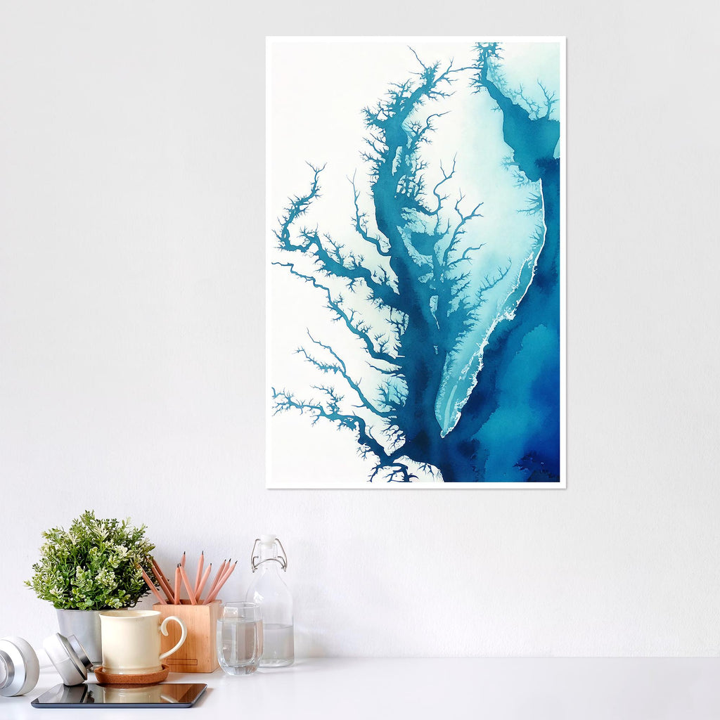 Chesapeake Bay Watercolor Map Print Nautical Wall Art Housewarming Gift Beach House Decor Ocean Depth Chart Anniversary Gift for Her