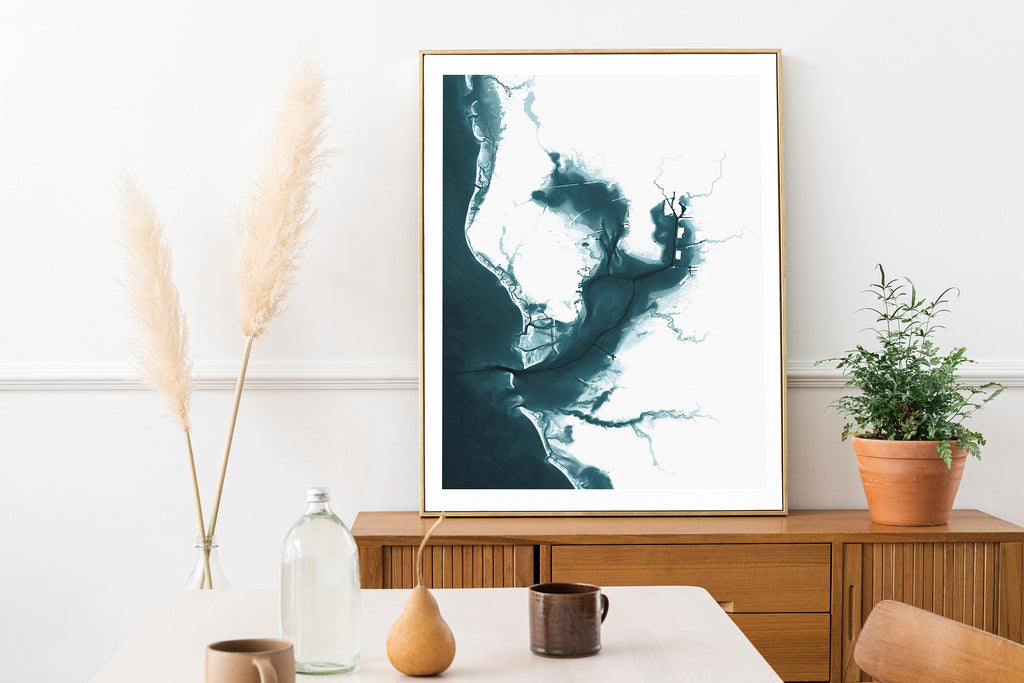 Bathymetric Coastal Wall Art Print Nautical Map Housewarming Anniversary Gift Ocean Depth Chart Beach House Decor Framed Poster