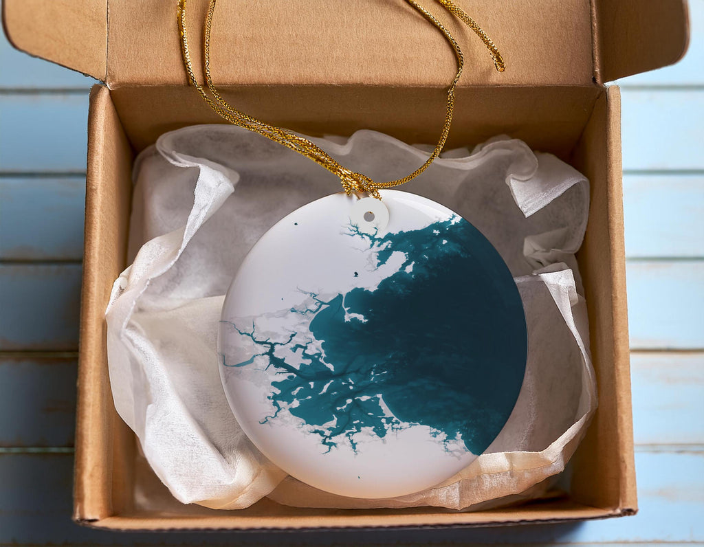 Massachusetts Bay Christmas Ornament Coastal Map Nautical Chart Ceramic Holiday Tree Decoration Beach House Housewarming Gift Ocean Depth