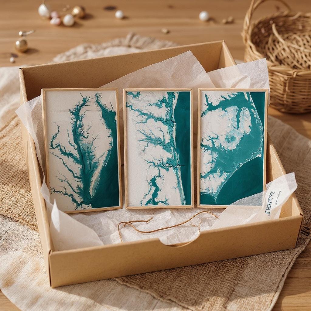 Coastal Map Print Set of Three Bathymetric Wall Art Housewarming Gift Anniversary Beach House Nautical Ocean Depth Chart Poster Decor