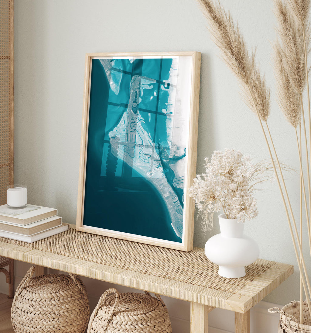 Siesta Key Florida Housewarming Anniversary Waterfront Geography Nautical Coastal Framed Print Depth Beach Decor Ocean House Wall