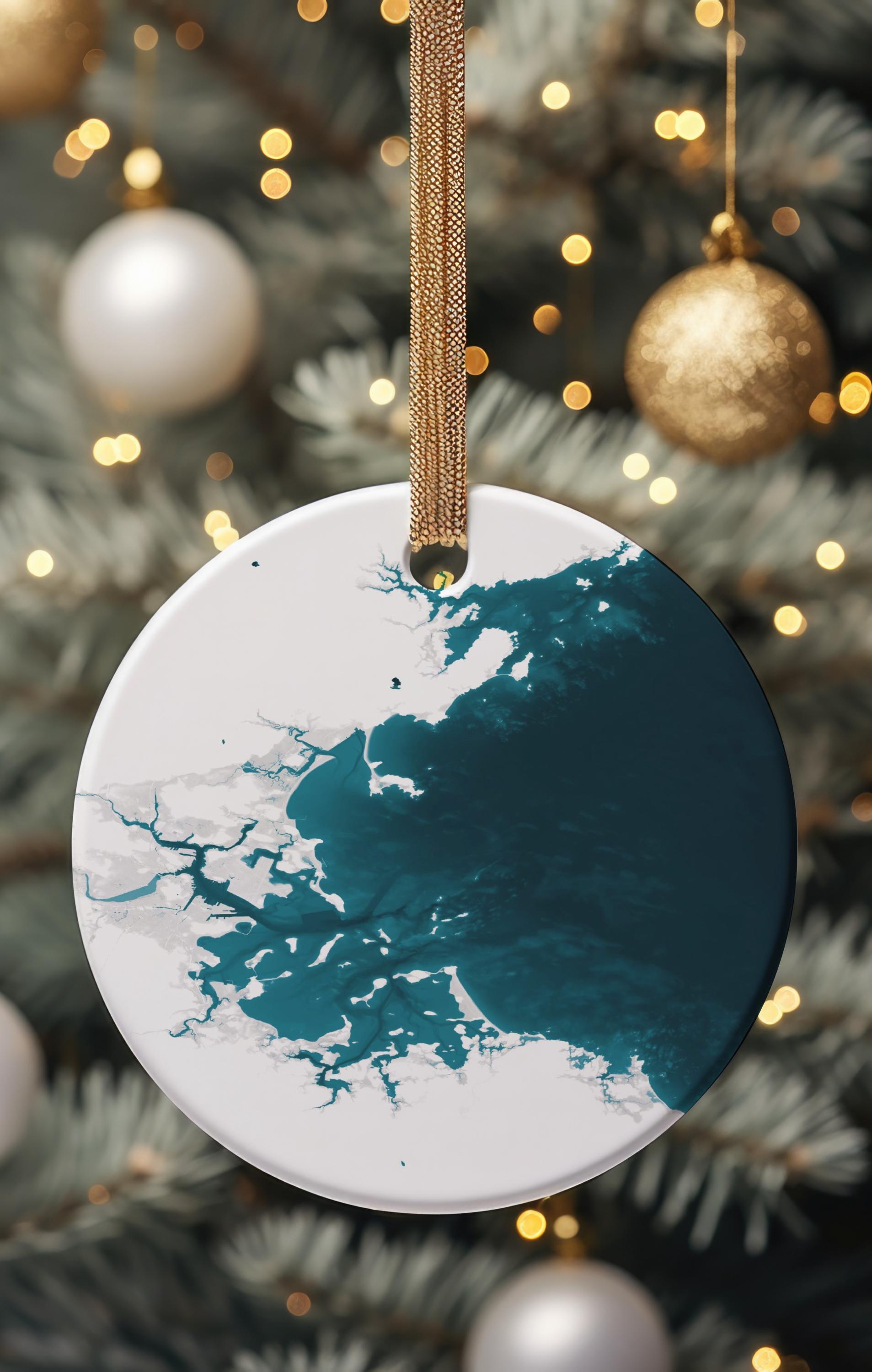 Massachusetts Bay Christmas Ornament Coastal Map Nautical Chart Ceramic Holiday Tree Decoration Beach House Housewarming Gift Ocean Depth