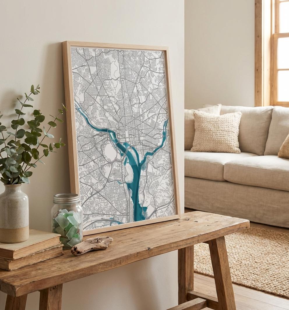 Washington District Of Columbia Anniversary Nautical Coastal Potomac Decor Urban River Chart Frame Print Gift City Wall Map Art