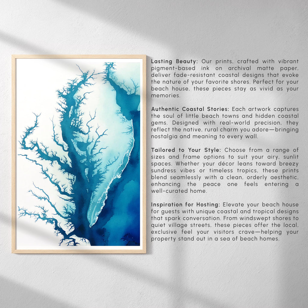 Chesapeake Bay Watercolor Map Print Nautical Wall Art Housewarming Gift Beach House Decor Ocean Depth Chart Anniversary Gift for Her