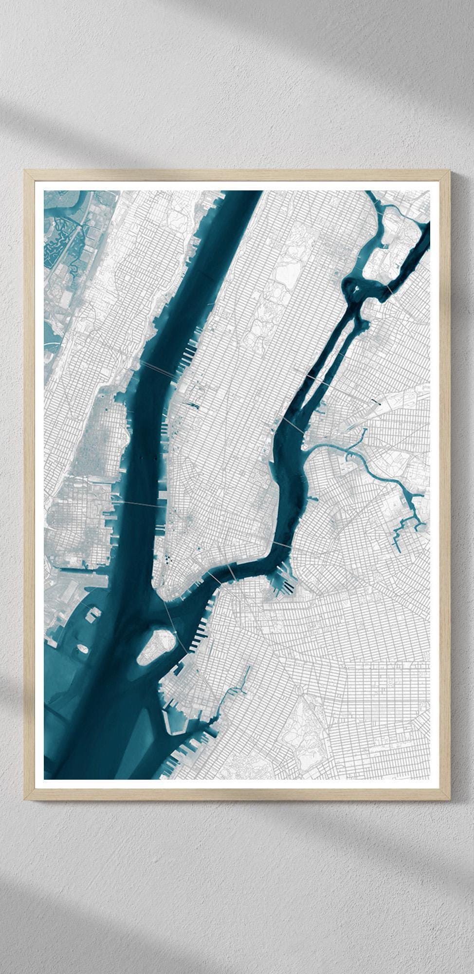 Manhattan New York Hudson Framed Decor River Print Gift City Wall Nyc Map Art Coastal Nautical Ocean Beach Depth Chart House Lover