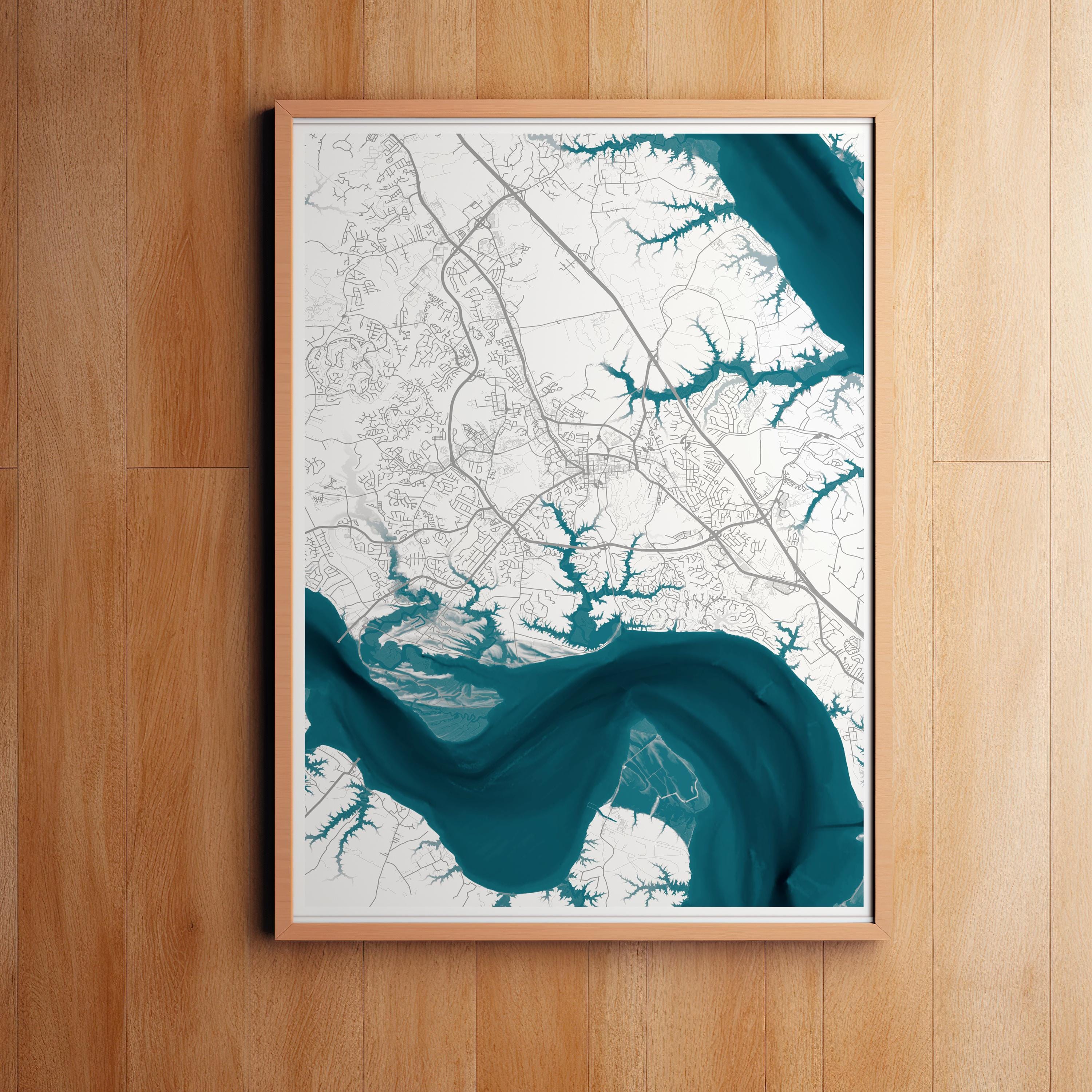 Colonial Williamsburg Virginia Map Art Print James River Nautical Chart Framed Wall Decor Coastal Beach House Gift Housewarming