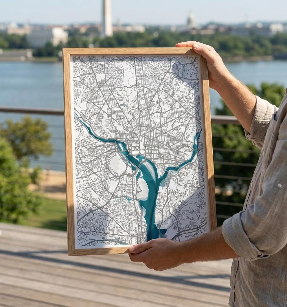 Washington District Of Columbia Anniversary Nautical Coastal Potomac Decor Urban River Chart Frame Print Gift City Wall Map Art