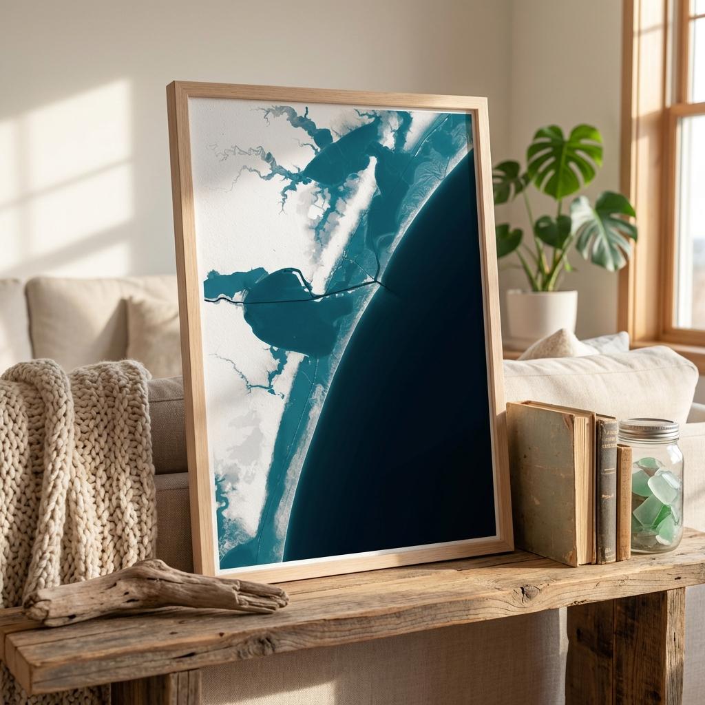 Mustang Island Texas Coastal Map Art Housewarming Anniversary Waterfront Nautical Framed Print Depth Chart Beach House Wall Decor Ocean Gift