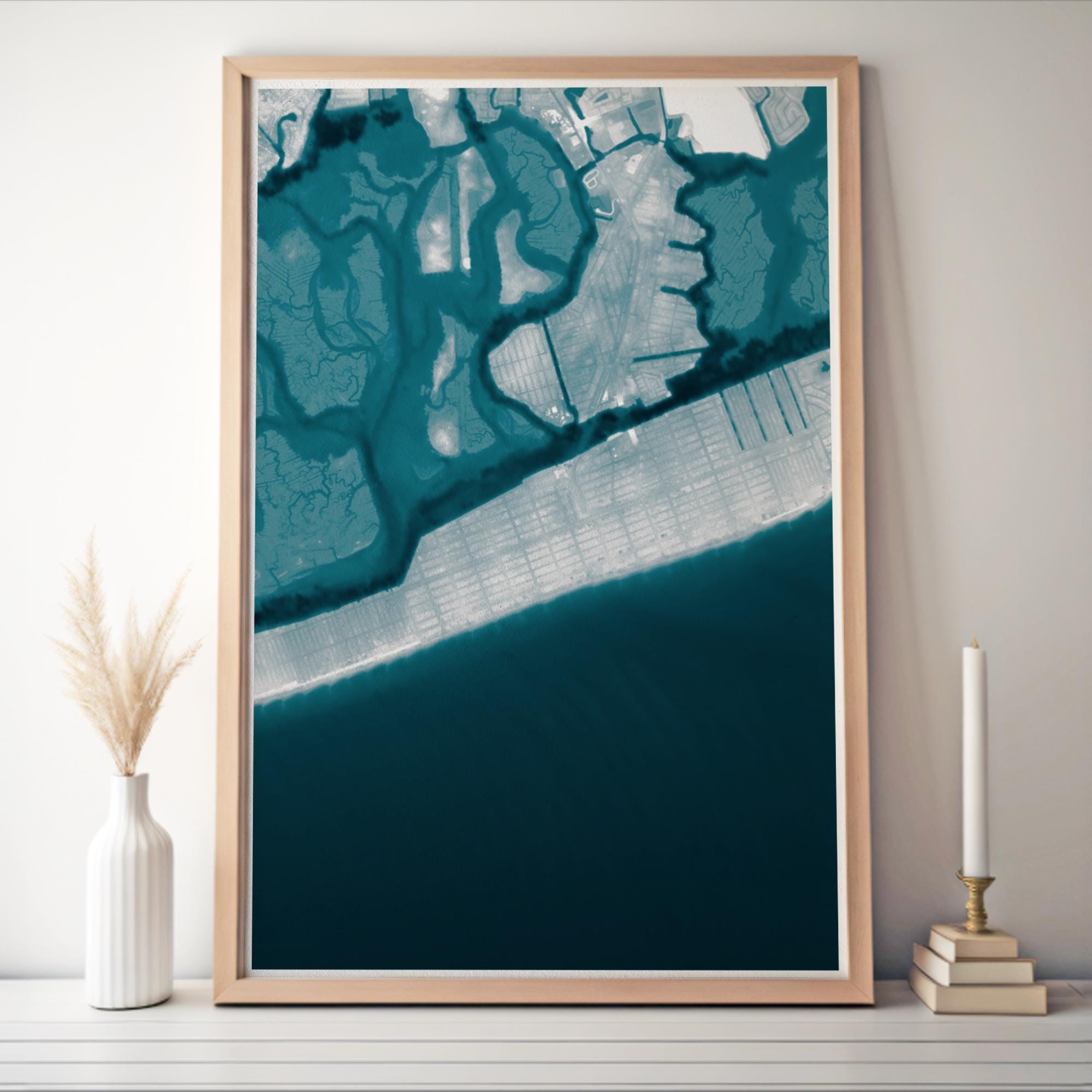 Long Beach New York Coastal Map Art Print Nassau County Atlantic Ocean Shoreline Nautical Bathymetric Wall Decor Beach House Gift Framed