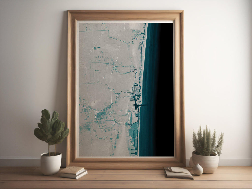 Fort Lauderdale Florida Coastal Map Art Print Nautical Wall Decor Beach House Gift Yacht Ocean Depth Chart Housewarming Anniversary Framed