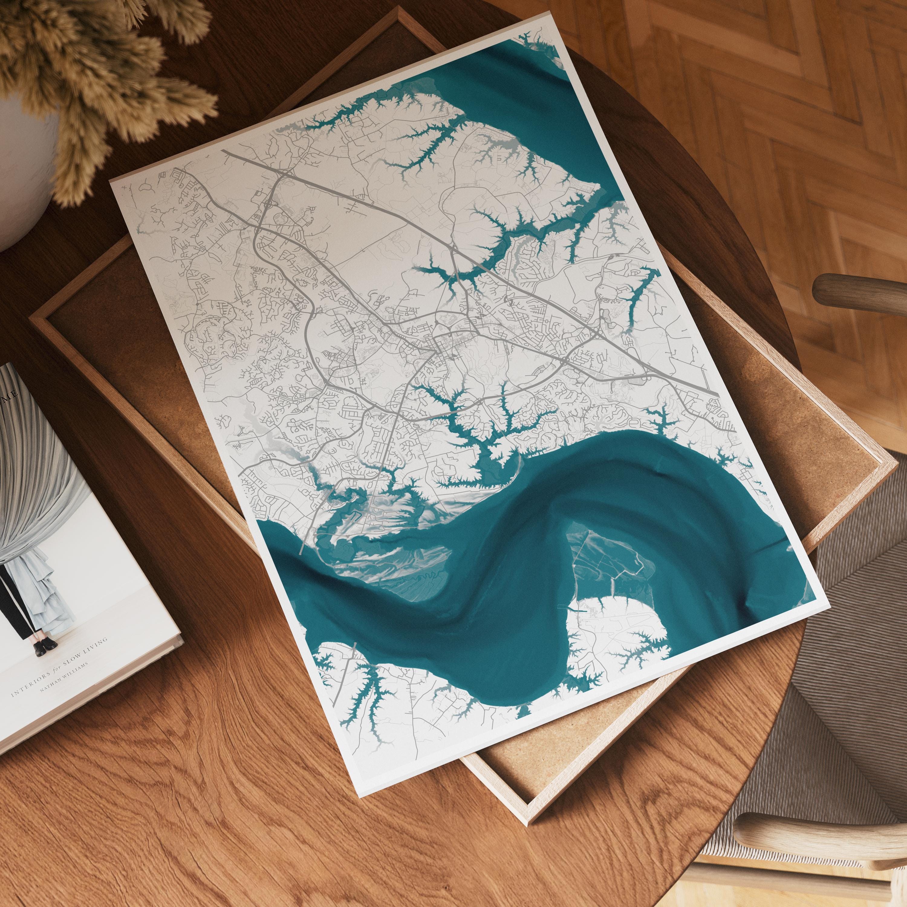 Colonial Williamsburg Virginia Map Art Print James River Nautical Chart Framed Wall Decor Coastal Beach House Gift Housewarming