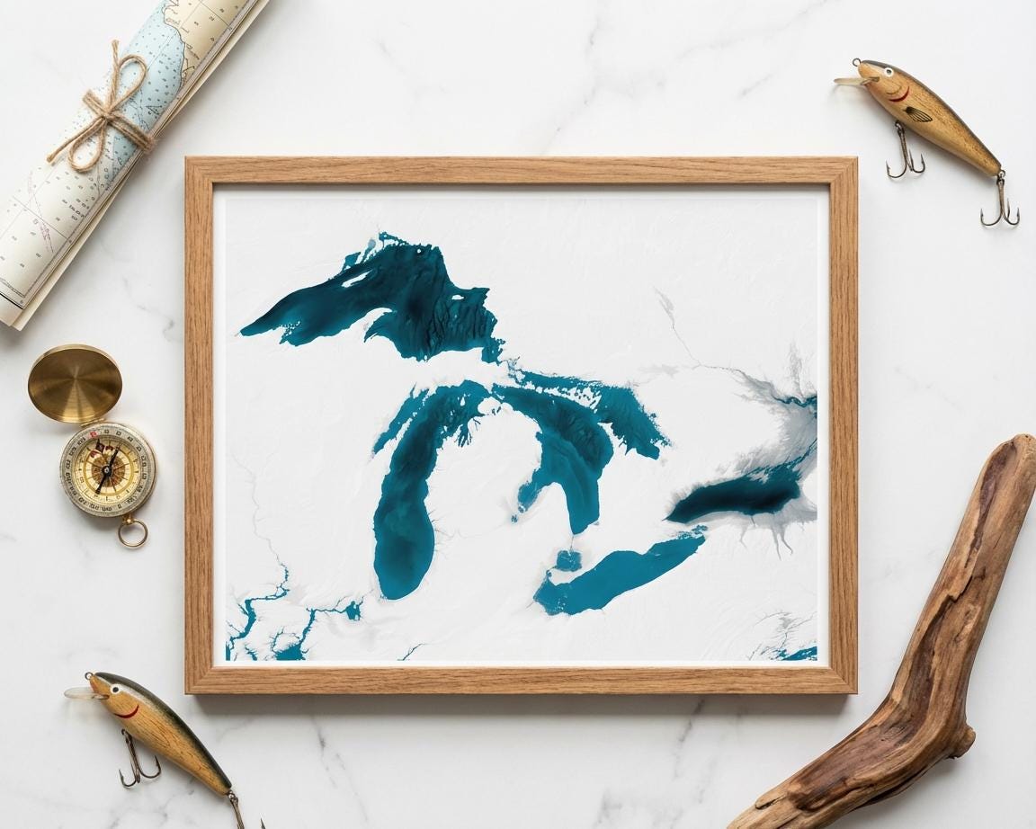 Great Lakes Coastal Michigan Nautical Superior Midwest Ontario Decor Huron Lakes Chart Great Print Gift Lake Map Art Ocean Beach Wall Depth