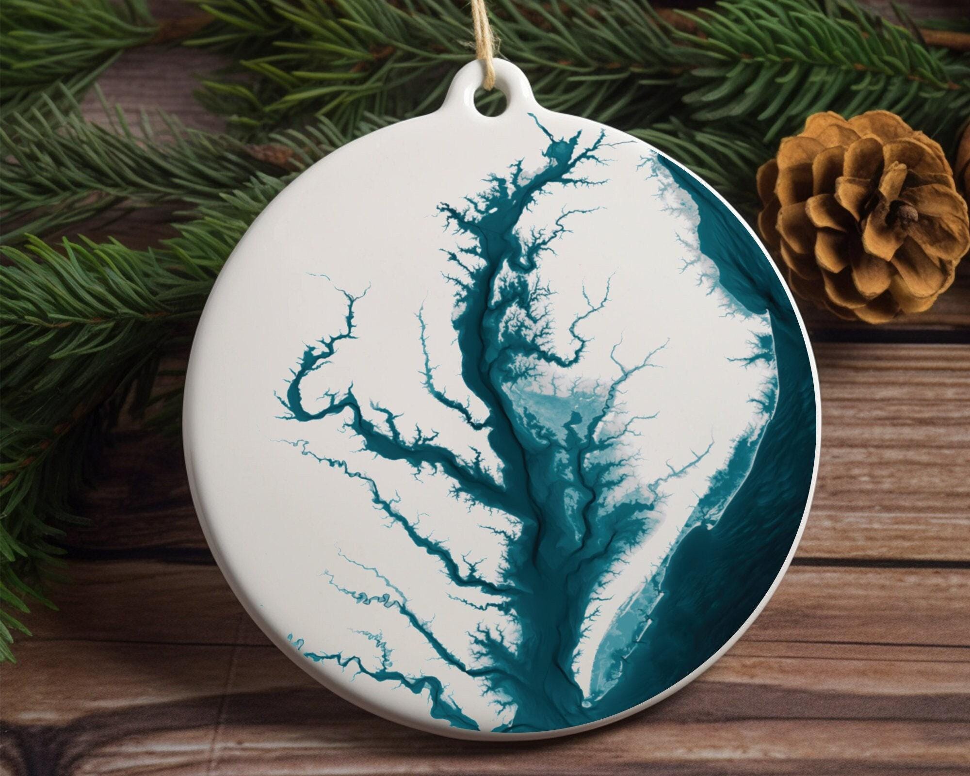 Chesapeake Bay Map Christmas Ornament Ceramic Holiday Gift Virginia Maryland Delaware Peninsula Coastal Nautical Stocking Stuffer