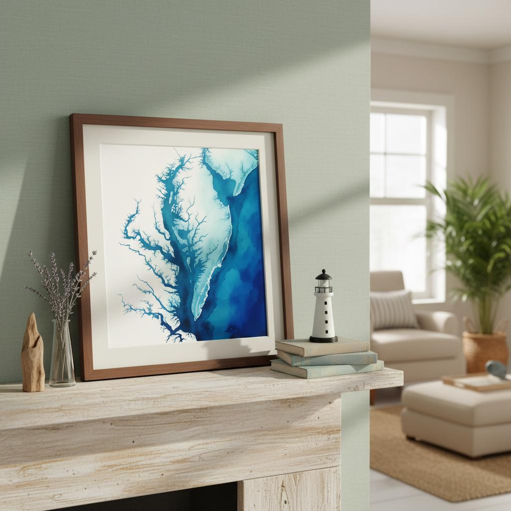 Chesapeake Bay Watercolor Map Print Nautical Wall Art Housewarming Gift Beach House Decor Ocean Depth Chart Anniversary Gift for Her