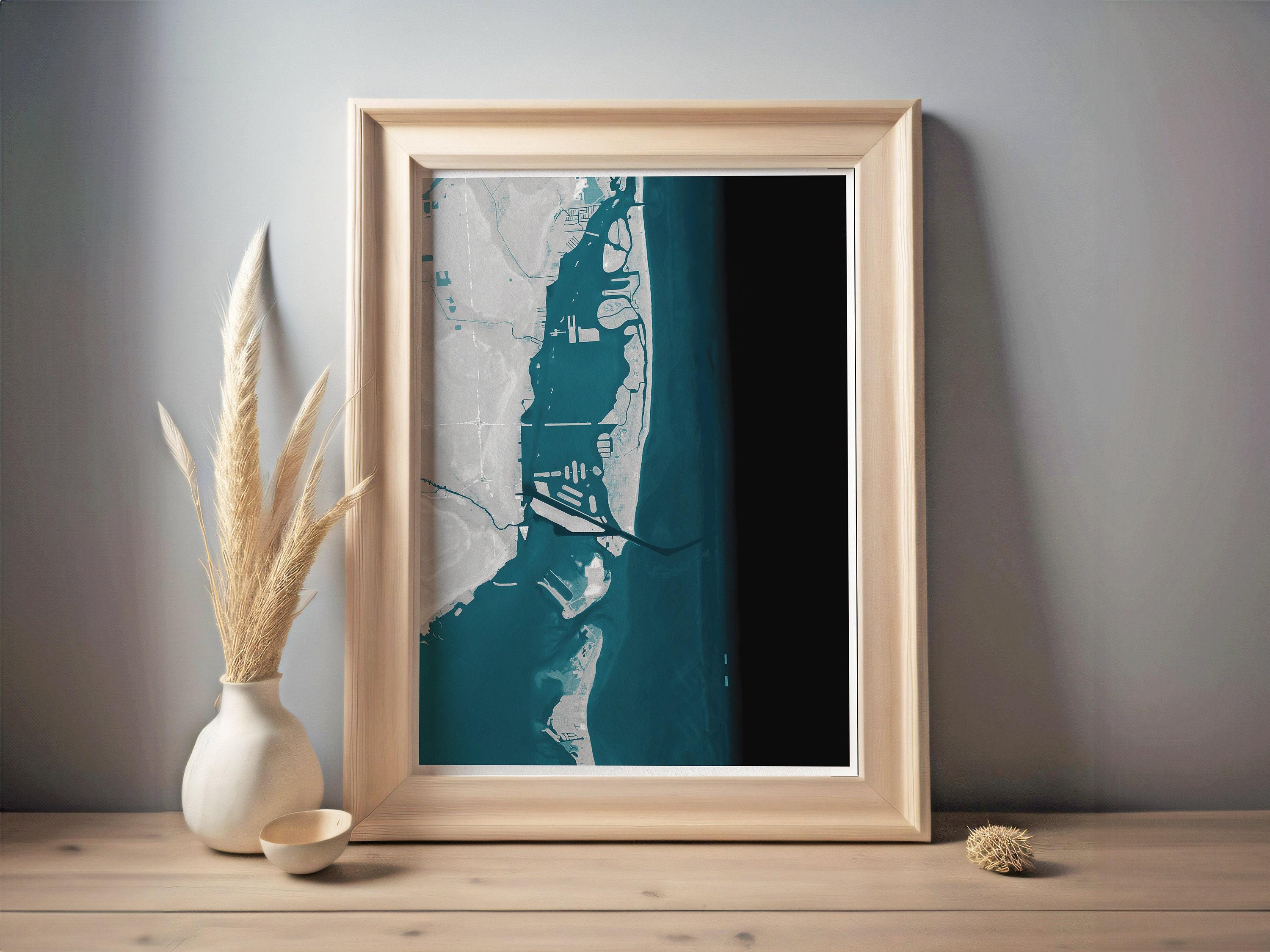 Miami Beach Florida Bathymetric Coastal Map Art Print Nautical Wall Decor Housewarming Gift Ocean Home Biscayne Bay Atlantic Suncoast
