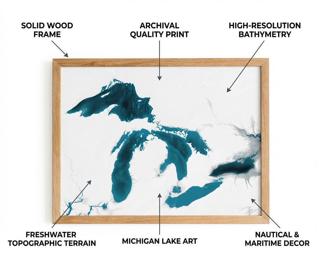 Great Lakes Coastal Michigan Nautical Superior Midwest Ontario Decor Huron Lakes Chart Great Print Gift Lake Map Art Ocean Beach Wall Depth