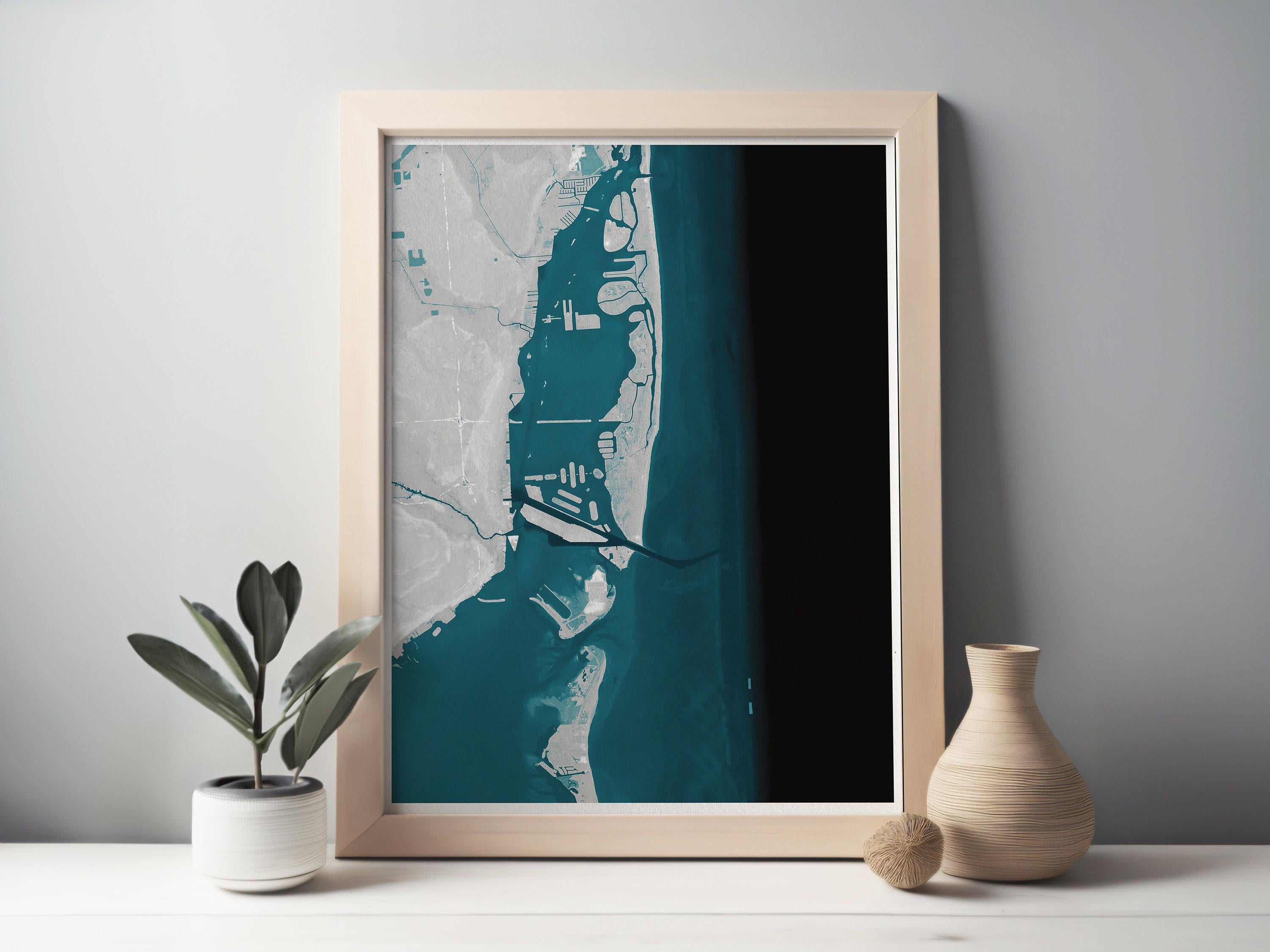 Miami Beach Florida Bathymetric Coastal Map Art Print Nautical Wall Decor Housewarming Gift Ocean Home Biscayne Bay Atlantic Suncoast