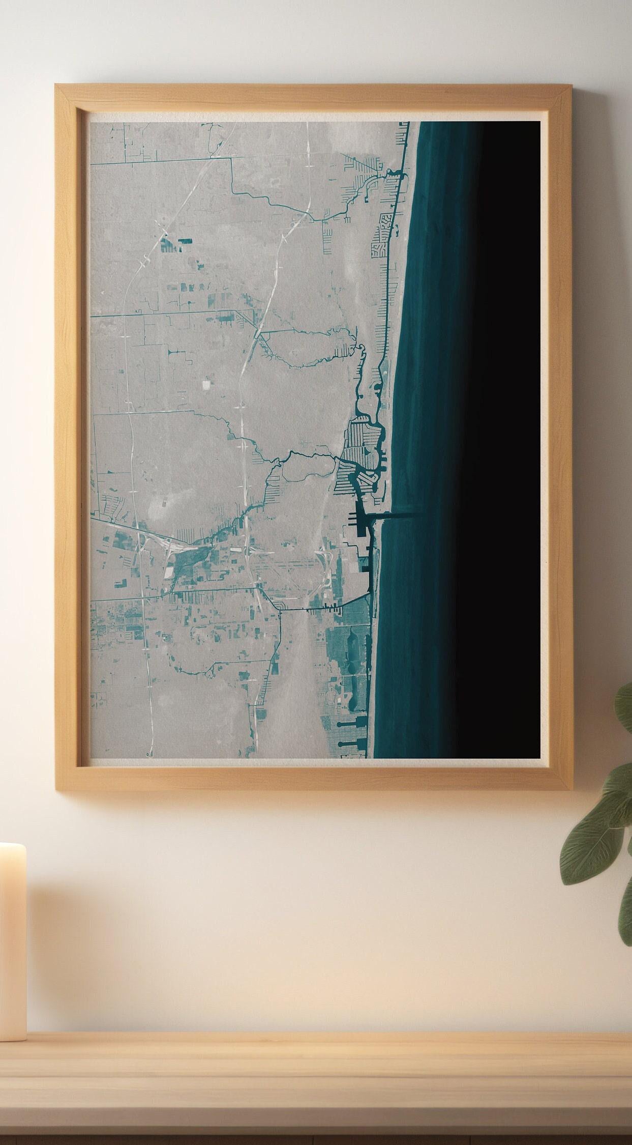 Fort Lauderdale Florida Coastal Map Art Print Nautical Wall Decor Beach House Gift Yacht Ocean Depth Chart Housewarming Anniversary Framed