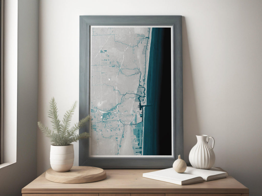 Fort Lauderdale Florida Coastal Map Art Print Nautical Wall Decor Beach House Gift Yacht Ocean Depth Chart Housewarming Anniversary Framed