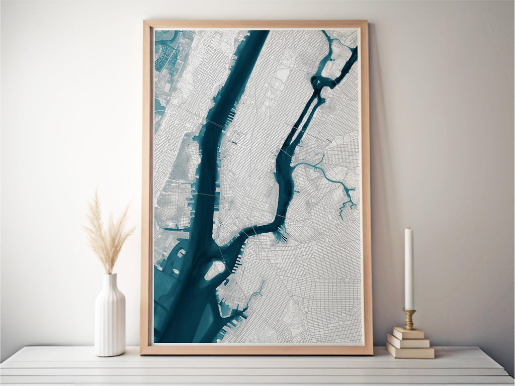 Manhattan New York Hudson Framed Decor River Print Gift City Wall Nyc Map Art Coastal Nautical Ocean Beach Depth Chart House Lover