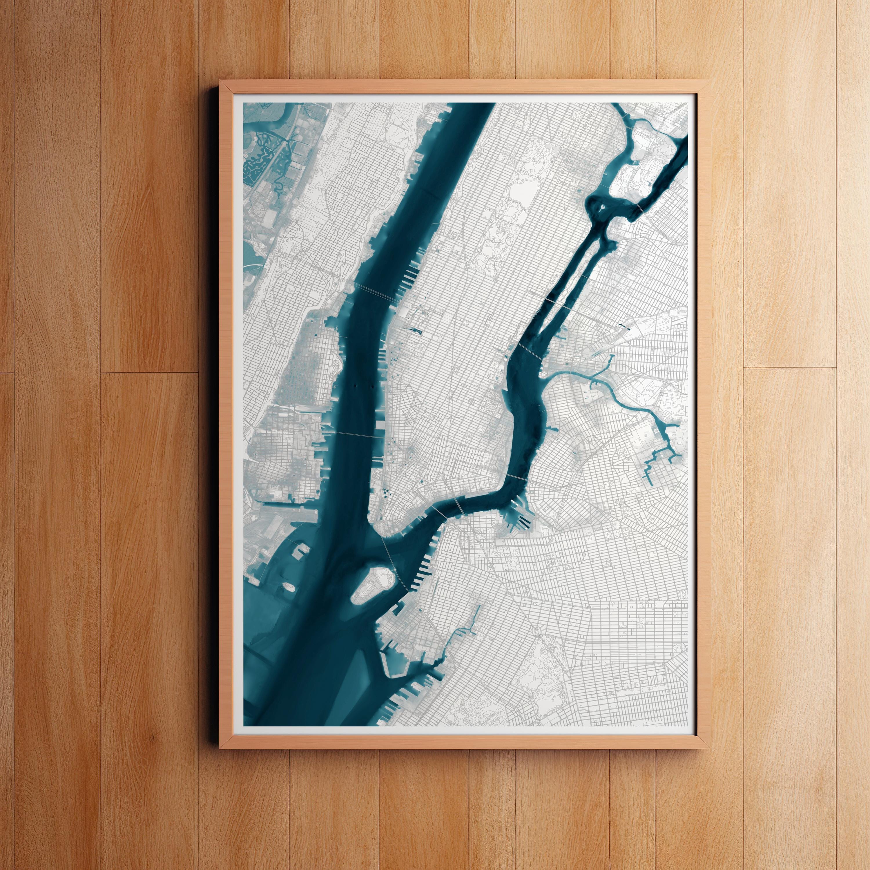 Manhattan New York Hudson Framed Decor River Print Gift City Wall Nyc Map Art Coastal Nautical Ocean Beach Depth Chart House Lover