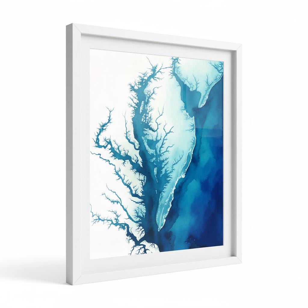 Chesapeake Bay Watercolor Map Print Nautical Wall Art Housewarming Gift Beach House Decor Ocean Depth Chart Anniversary Gift for Her
