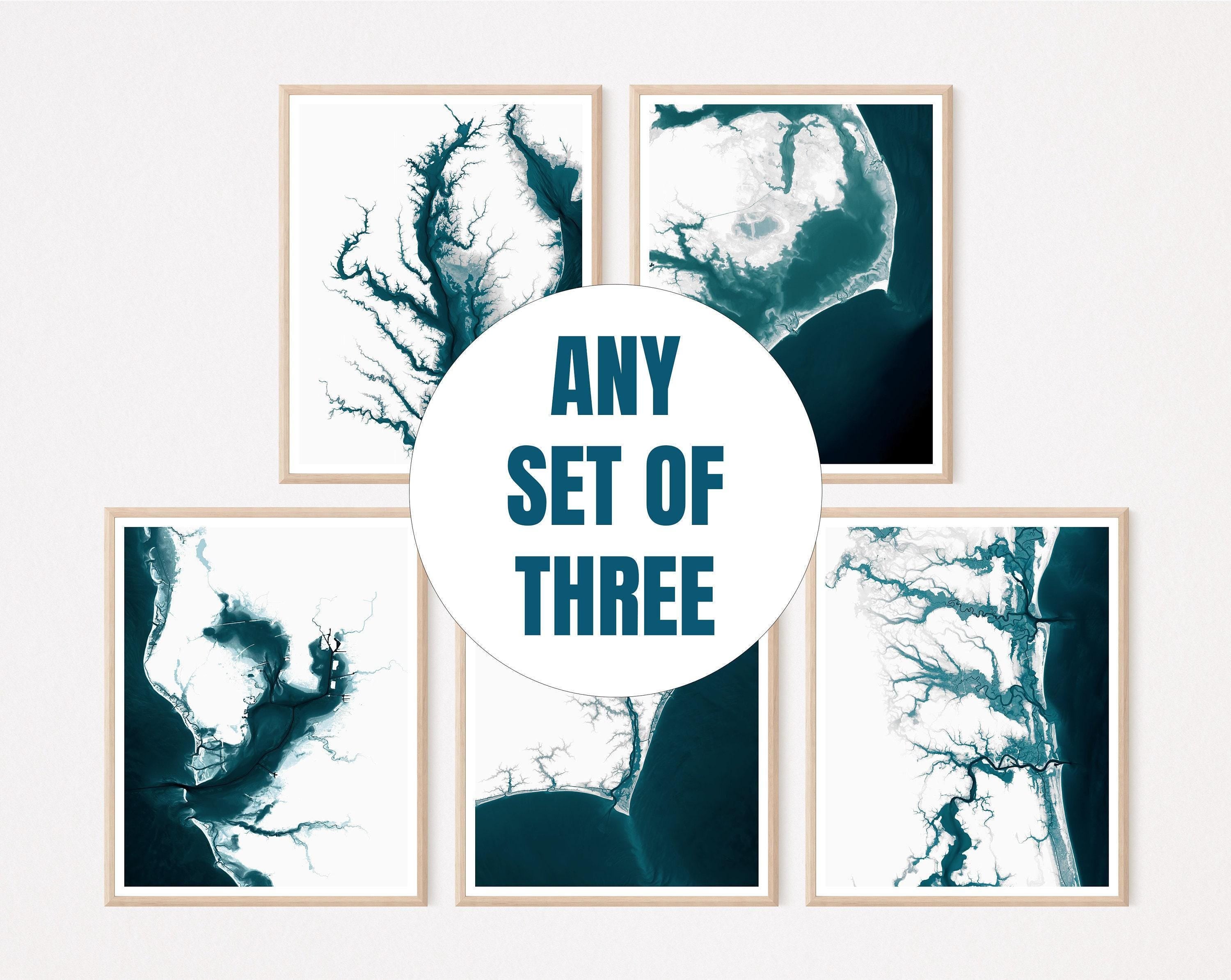 Coastal Map Print Set of Three Bathymetric Wall Art Housewarming Gift Anniversary Beach House Nautical Ocean Depth Chart Poster Decor