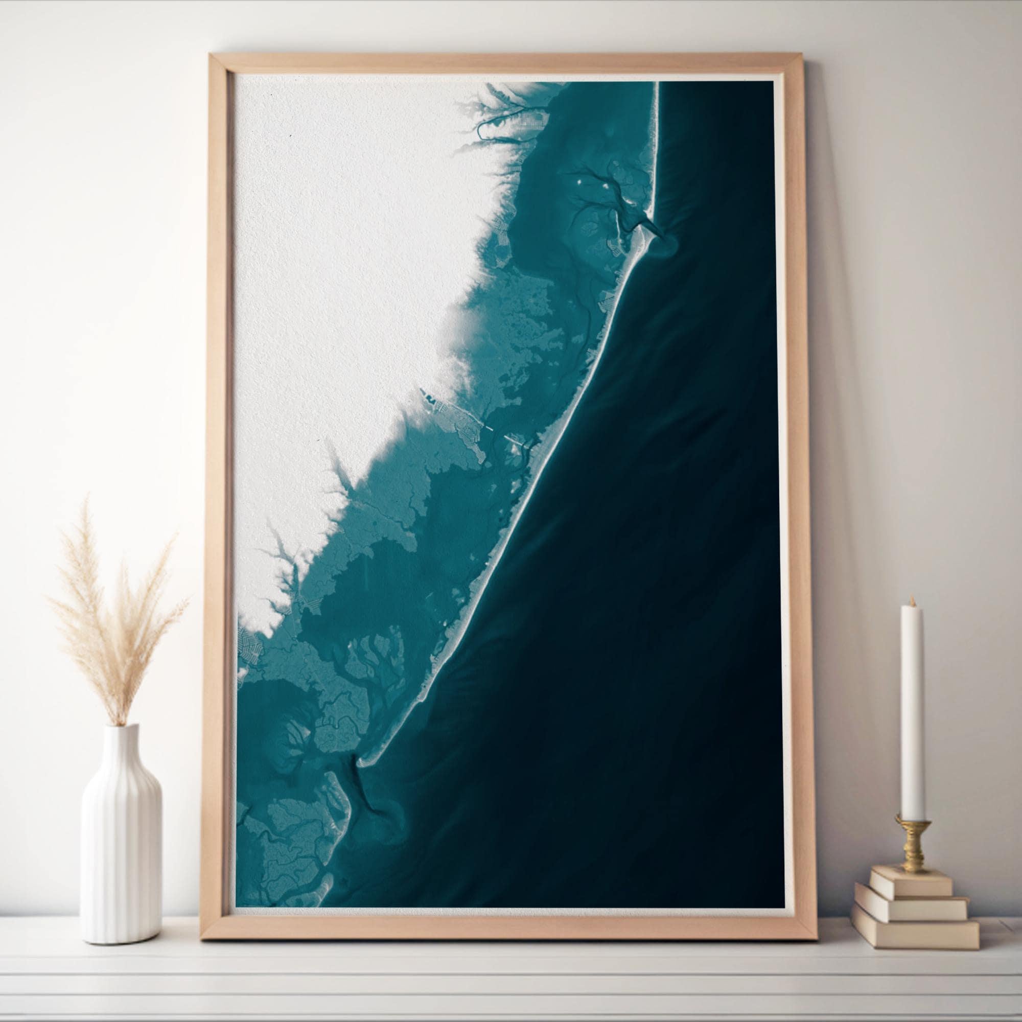 Long Beach Island New Jersey Coastal Map Art Print Barnegat Light Shoreline Nautical Bathymetric Wall Decor Beach House Gift Framed