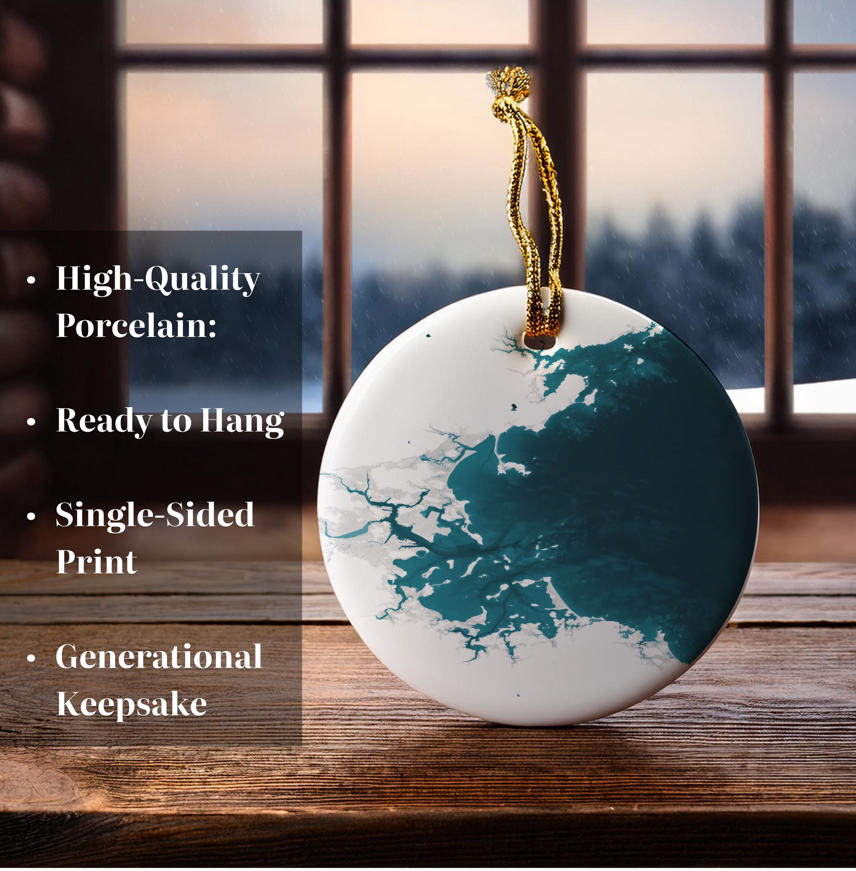 Massachusetts Bay Christmas Ornament Coastal Map Nautical Chart Ceramic Holiday Tree Decoration Beach House Housewarming Gift Ocean Depth