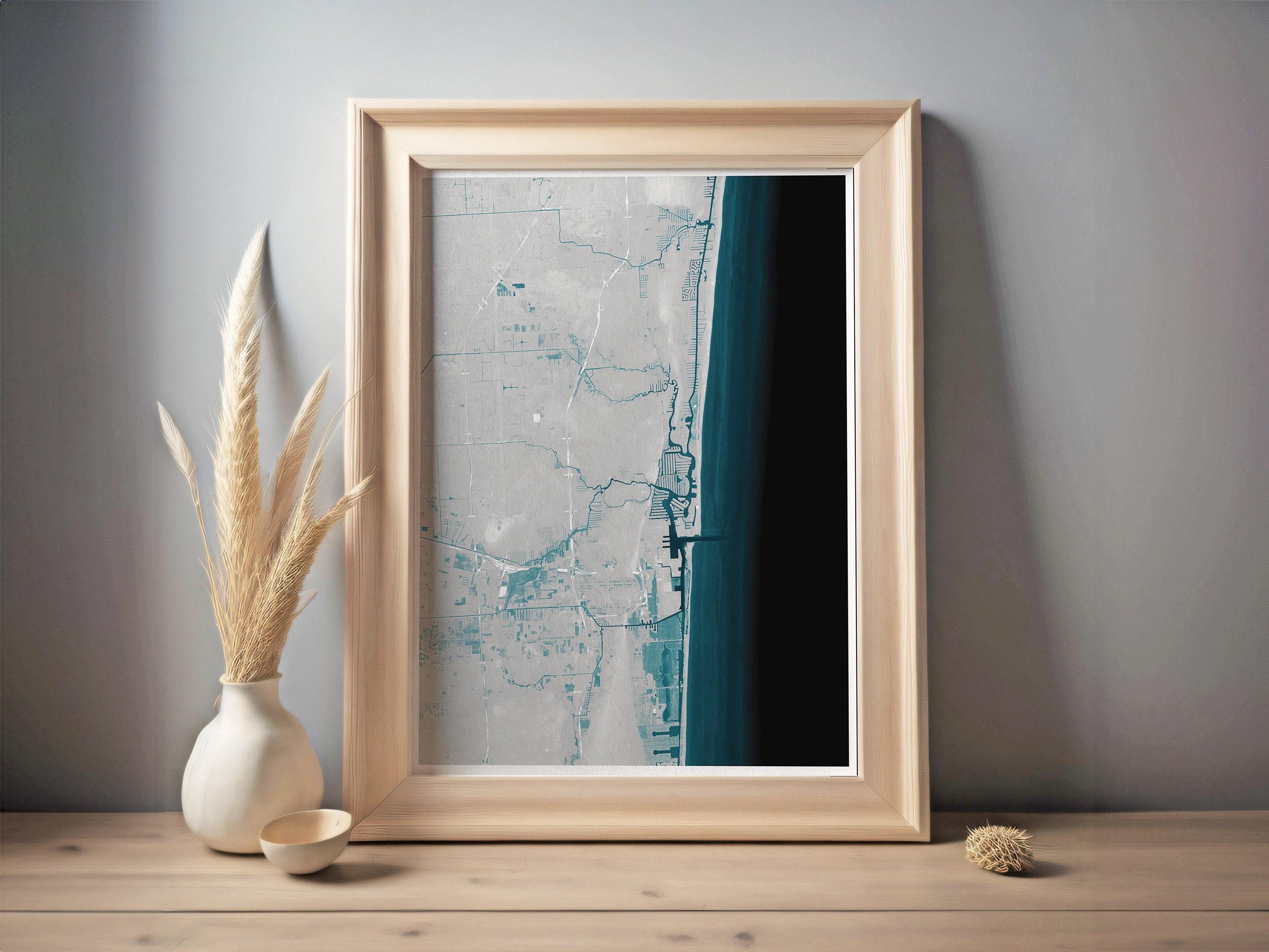Fort Lauderdale Florida Coastal Map Art Print Nautical Wall Decor Beach House Gift Yacht Ocean Depth Chart Housewarming Anniversary Framed
